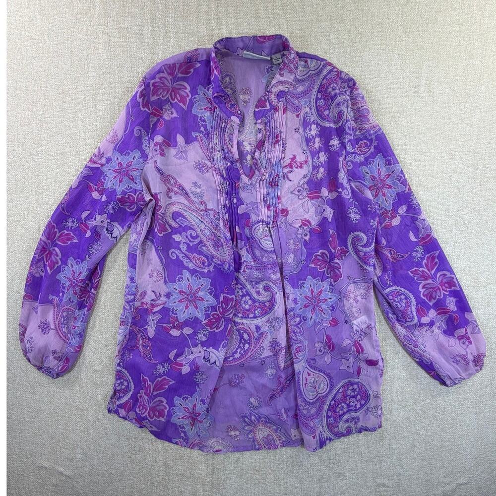 Susan Graver Womens Large Purple Paisley Sheer Cottagecore Summer Blouse Top